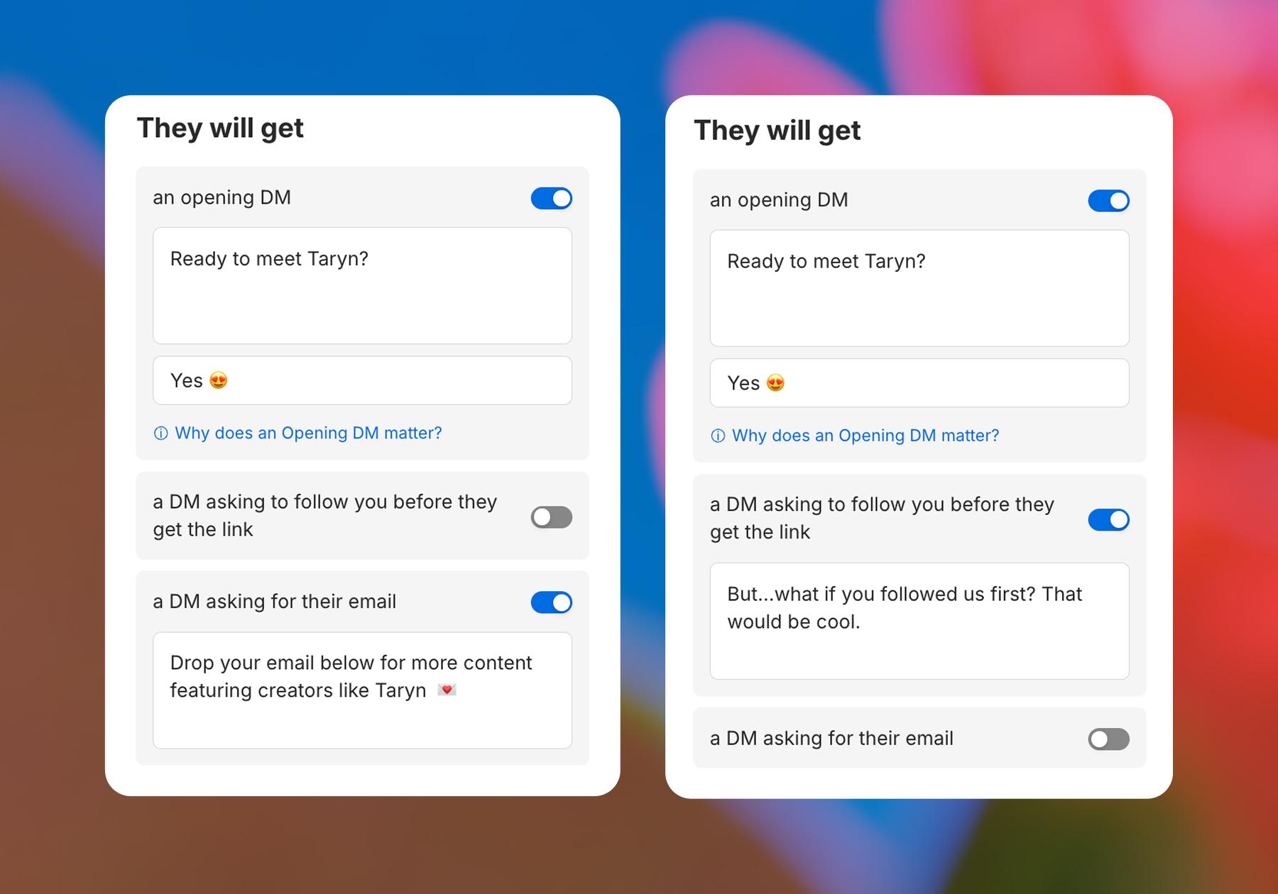 Screenshot of options for customizing DMs a scroller will get, starting with an opening DM.