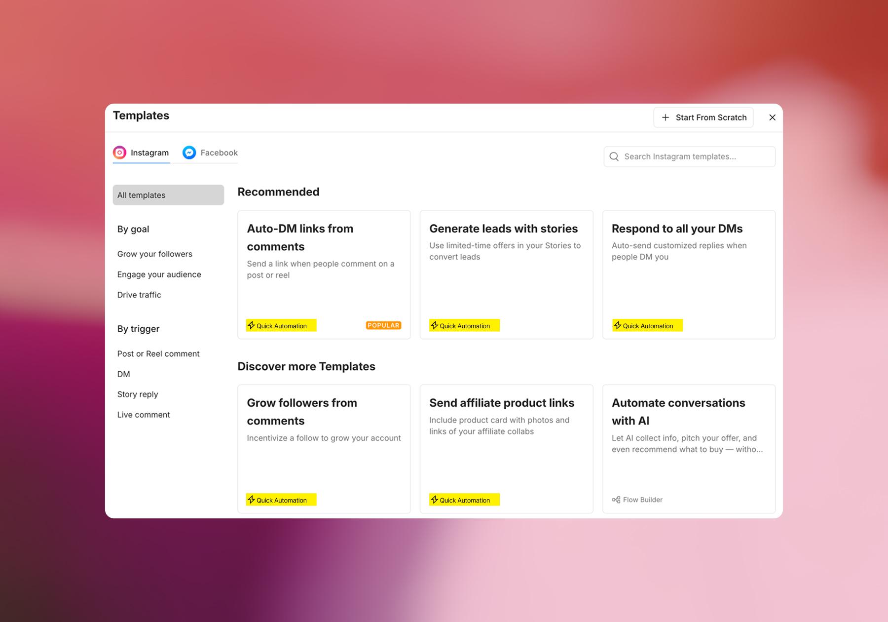 Screenshot of Quick Automations options 