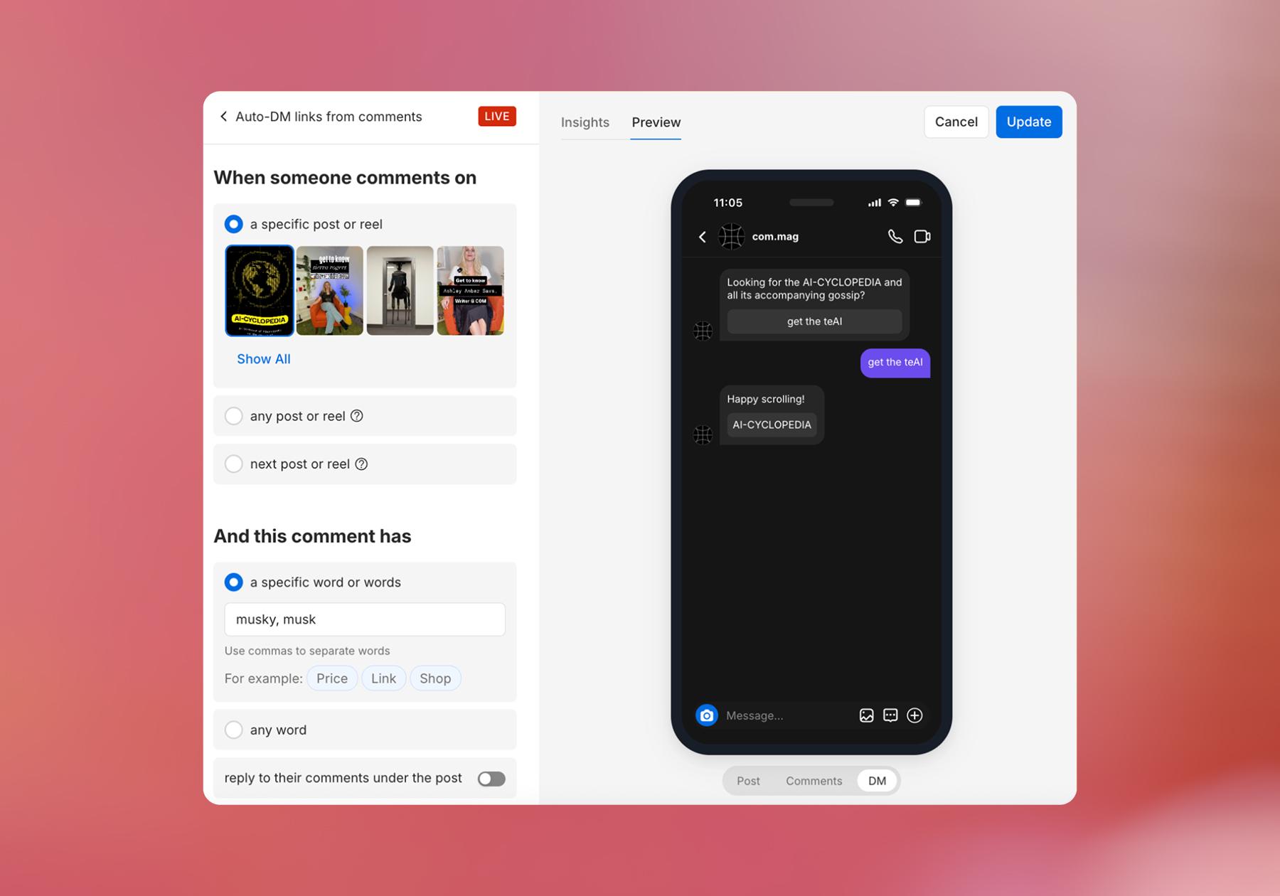 Screenshot of a Quick Automation template: Auto-DM links from comments