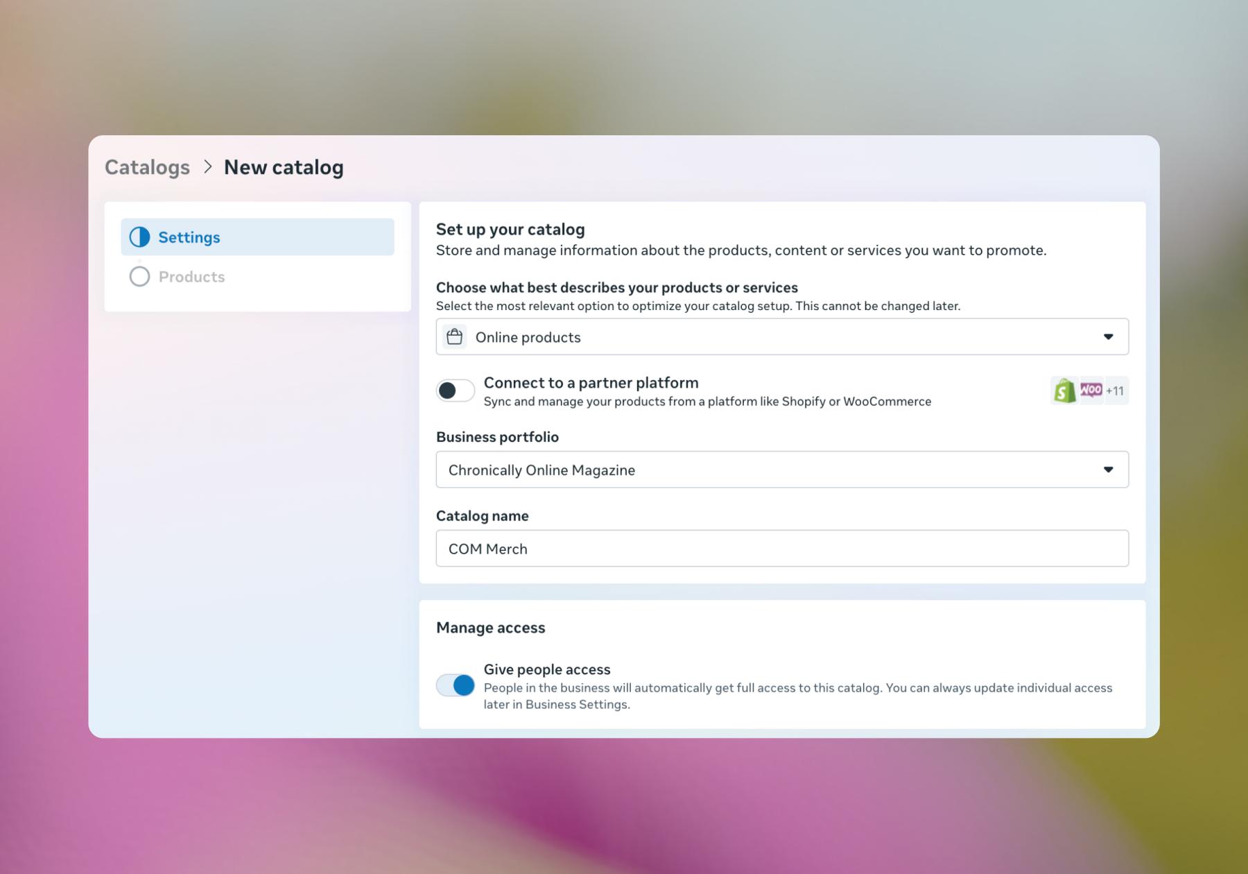 Screenshot of catalog options in the Commerce Manager
