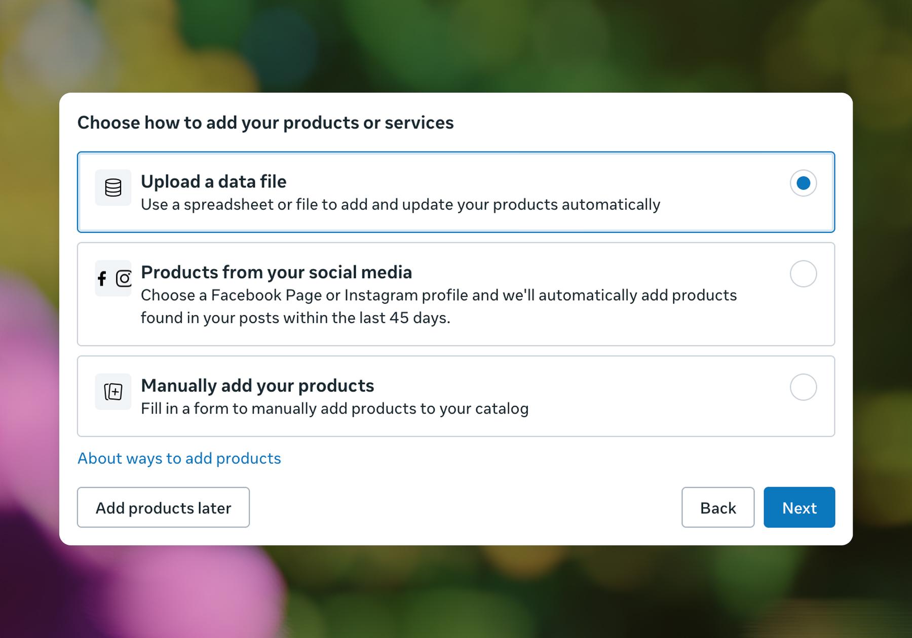 Screenshot of options for adding products and services