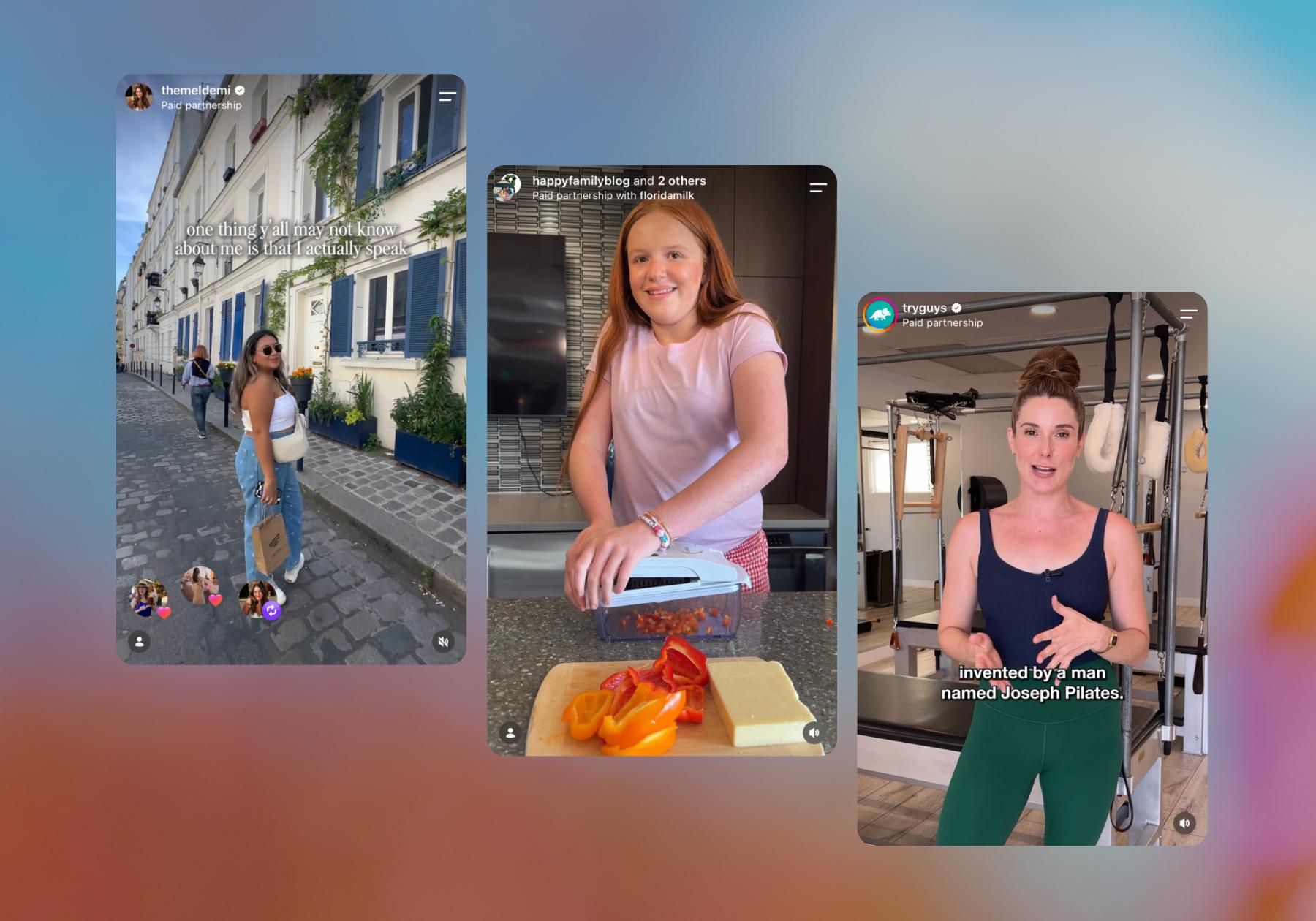 Screenshots of examples of Instagram content featuring the Paid Partnership label 