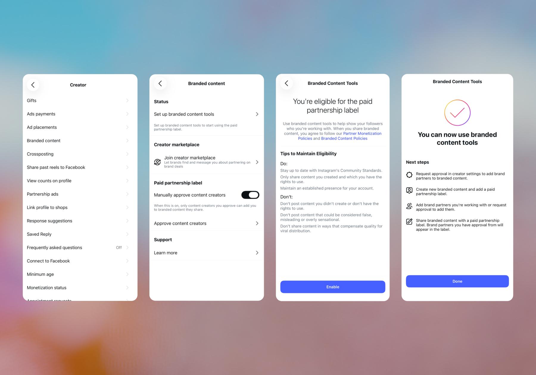 Screenshots of the steps needed to enable branded content tools 