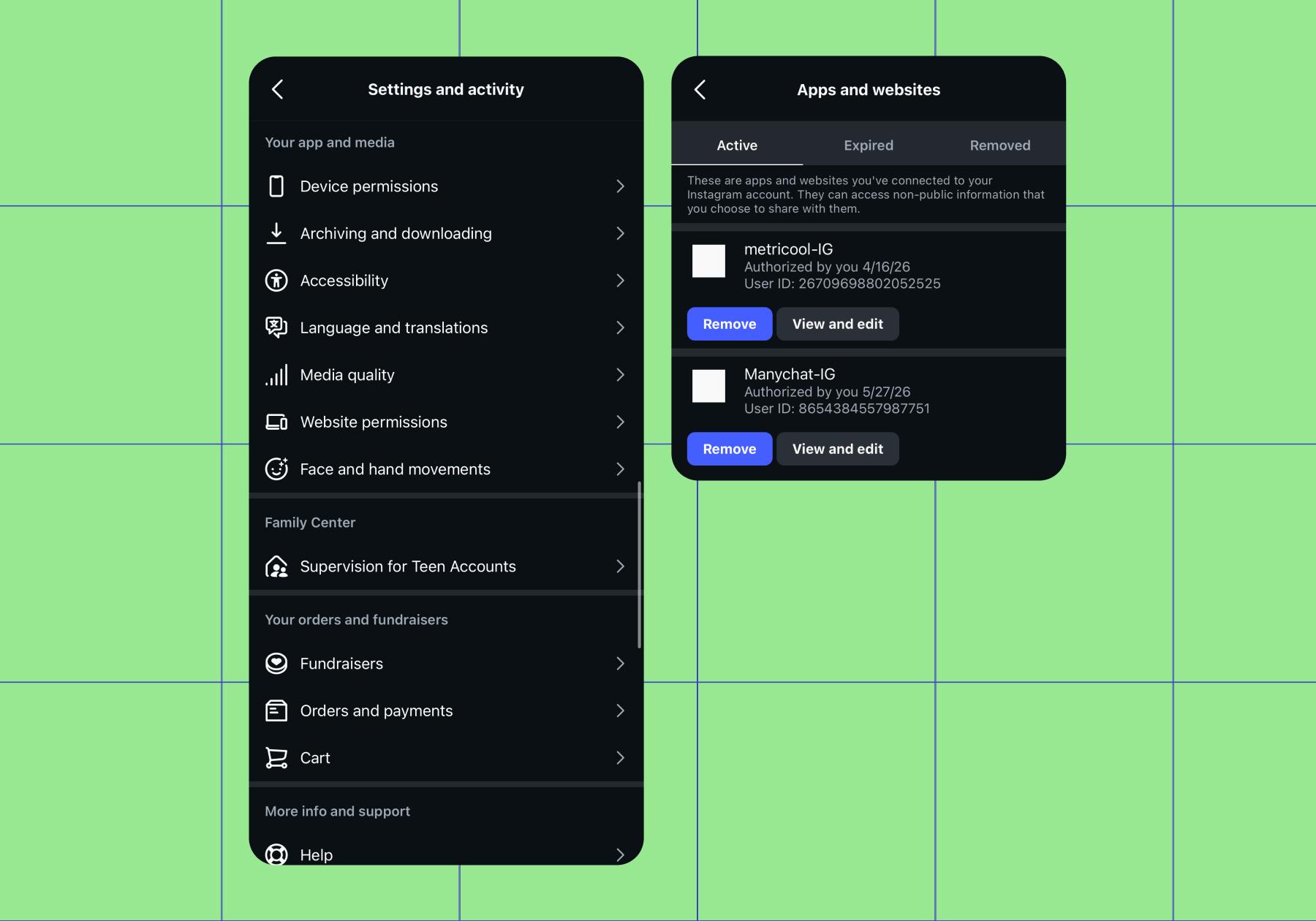 Screenshot of the menu options for Instagram Settings and activity, including the and Apps and websites you have connected to your account
