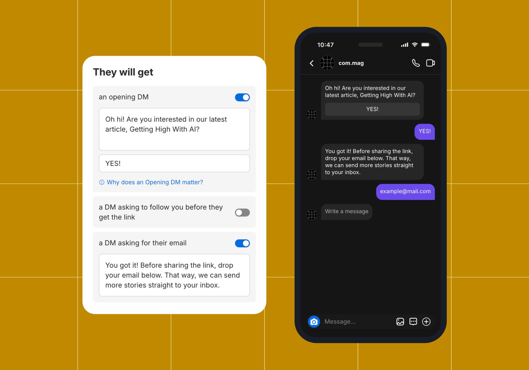 Screenshot of a Manychat comment-to-DM Quick Automation