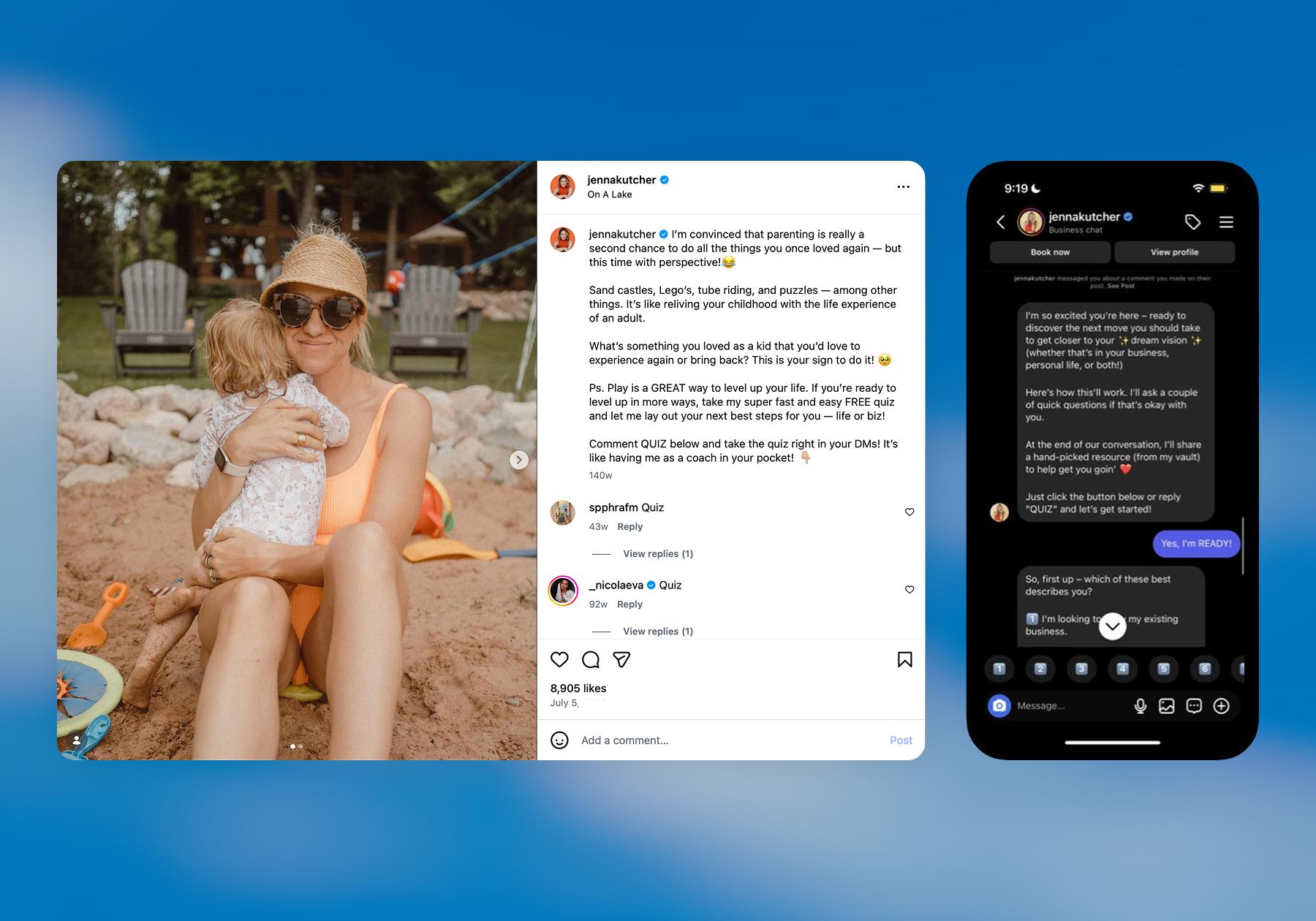 Screenshot of Jenna’s “Level Up Quiz” is a chat funnel that qualifies leads, shoots off personalized recommendations, and builds her email list, all in the DMs.