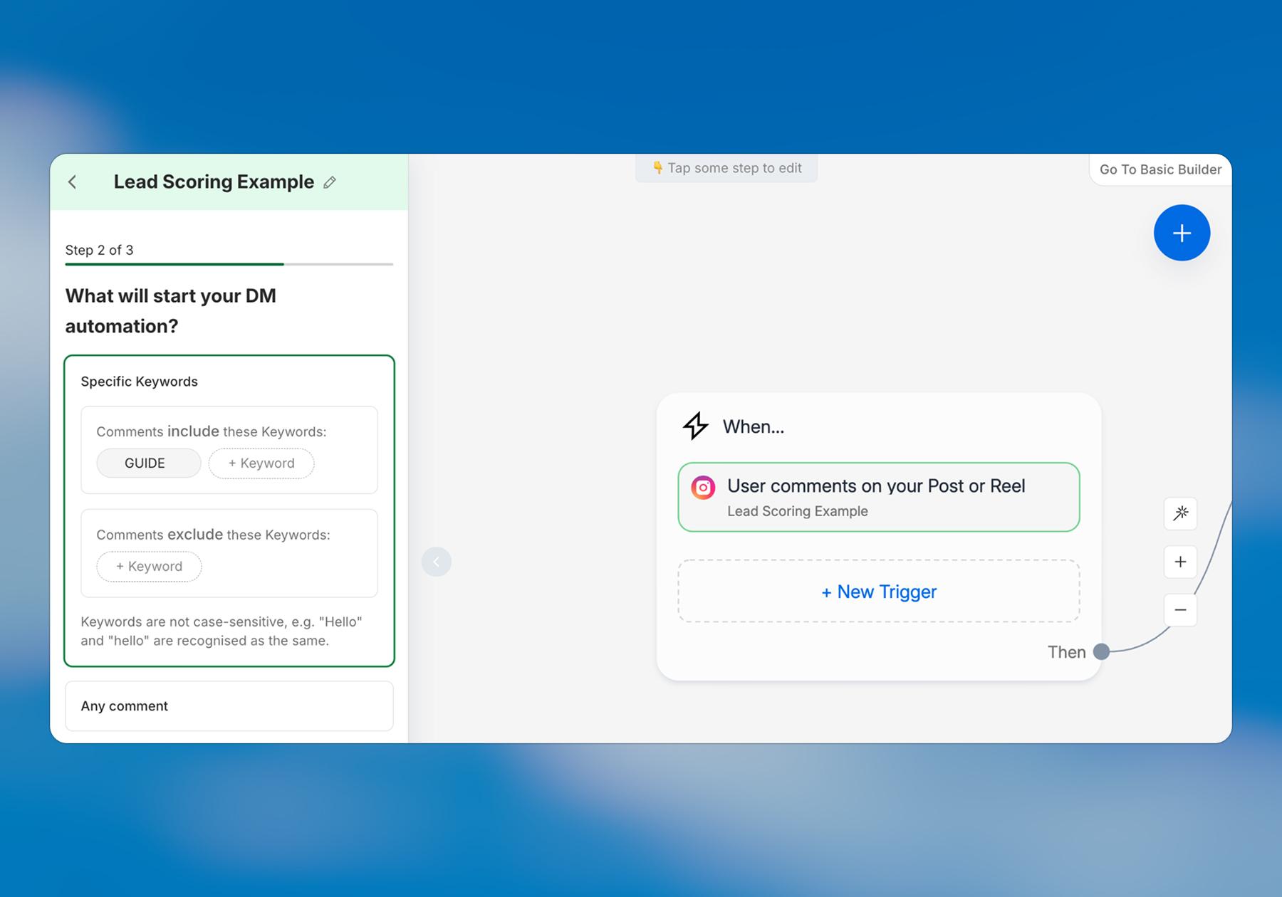 Screenshot of a lead-scoring flow is with a freebie in Manychat 