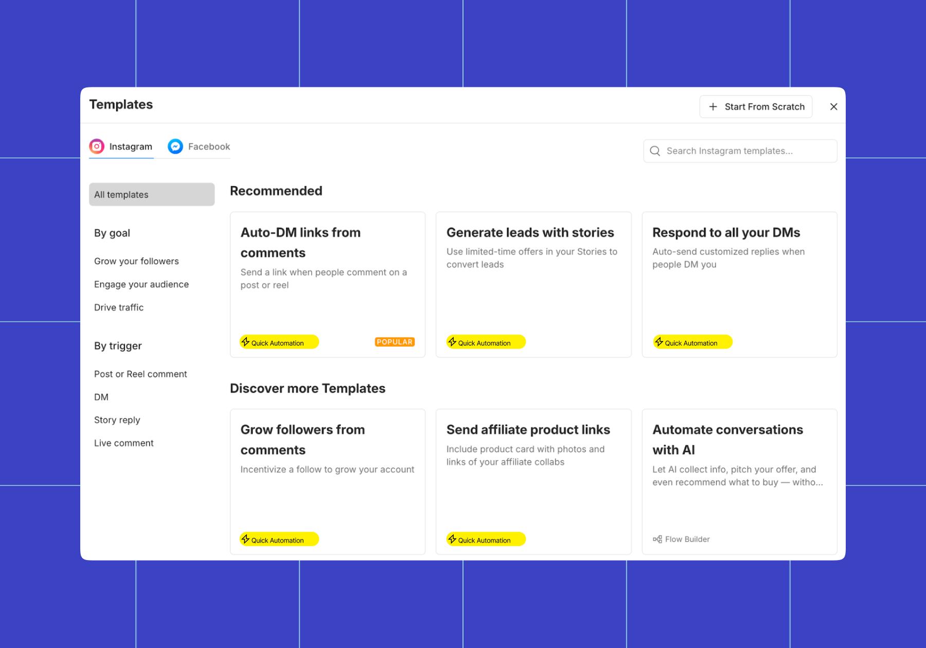 Screenshot of Manychat Quick Automations