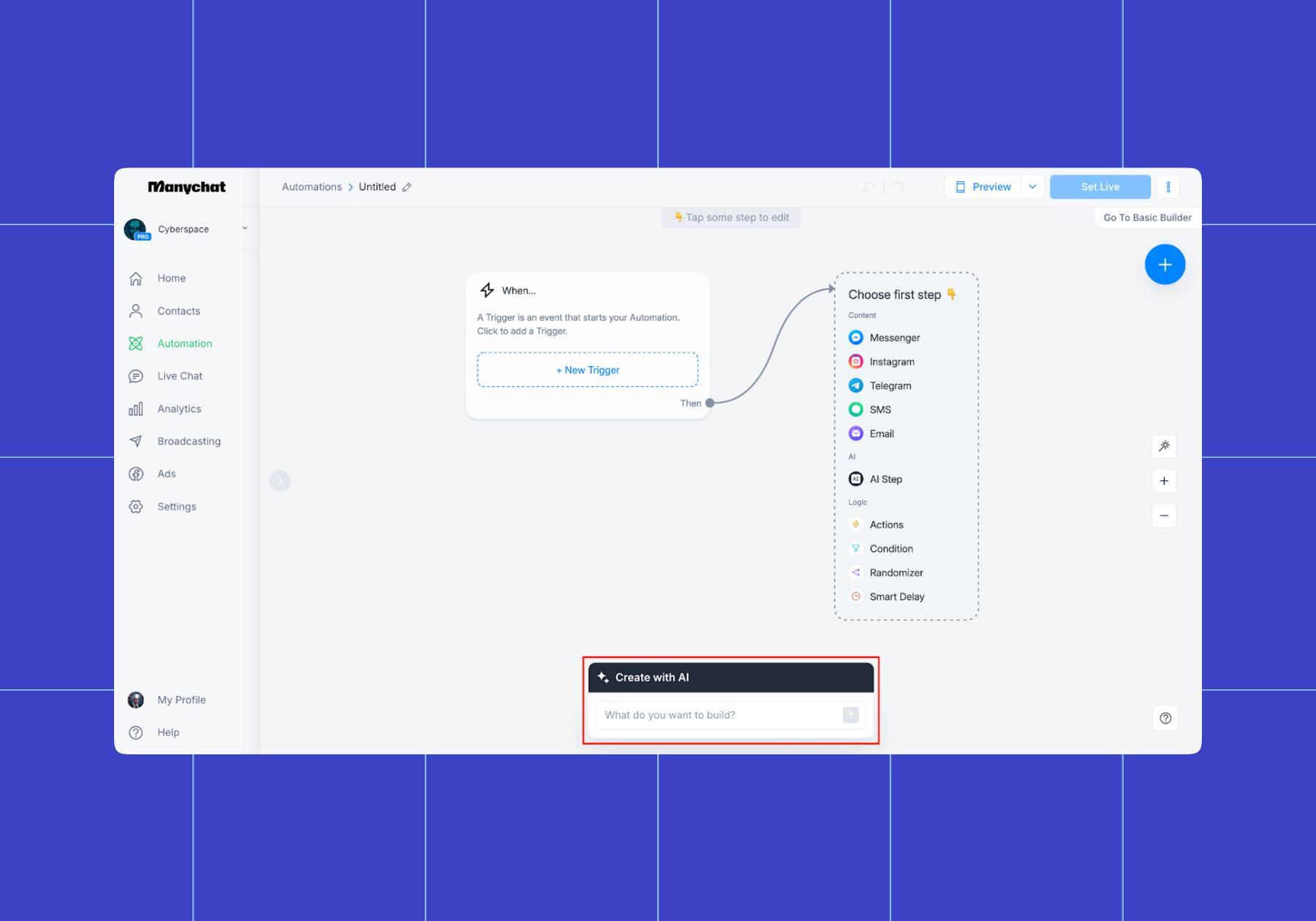 Screenshot of a Manychat Flow Builder