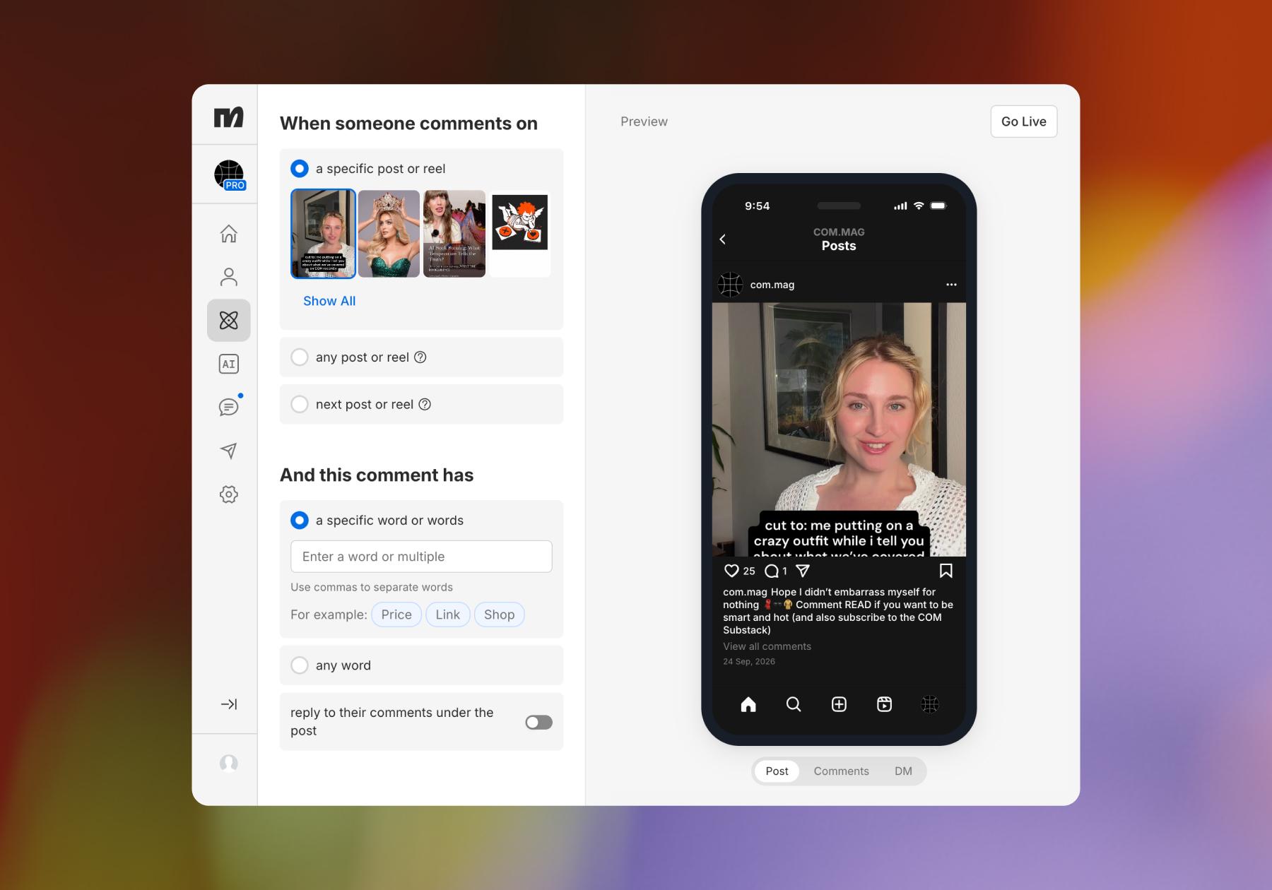 Screenshot of Manychat comment automation options