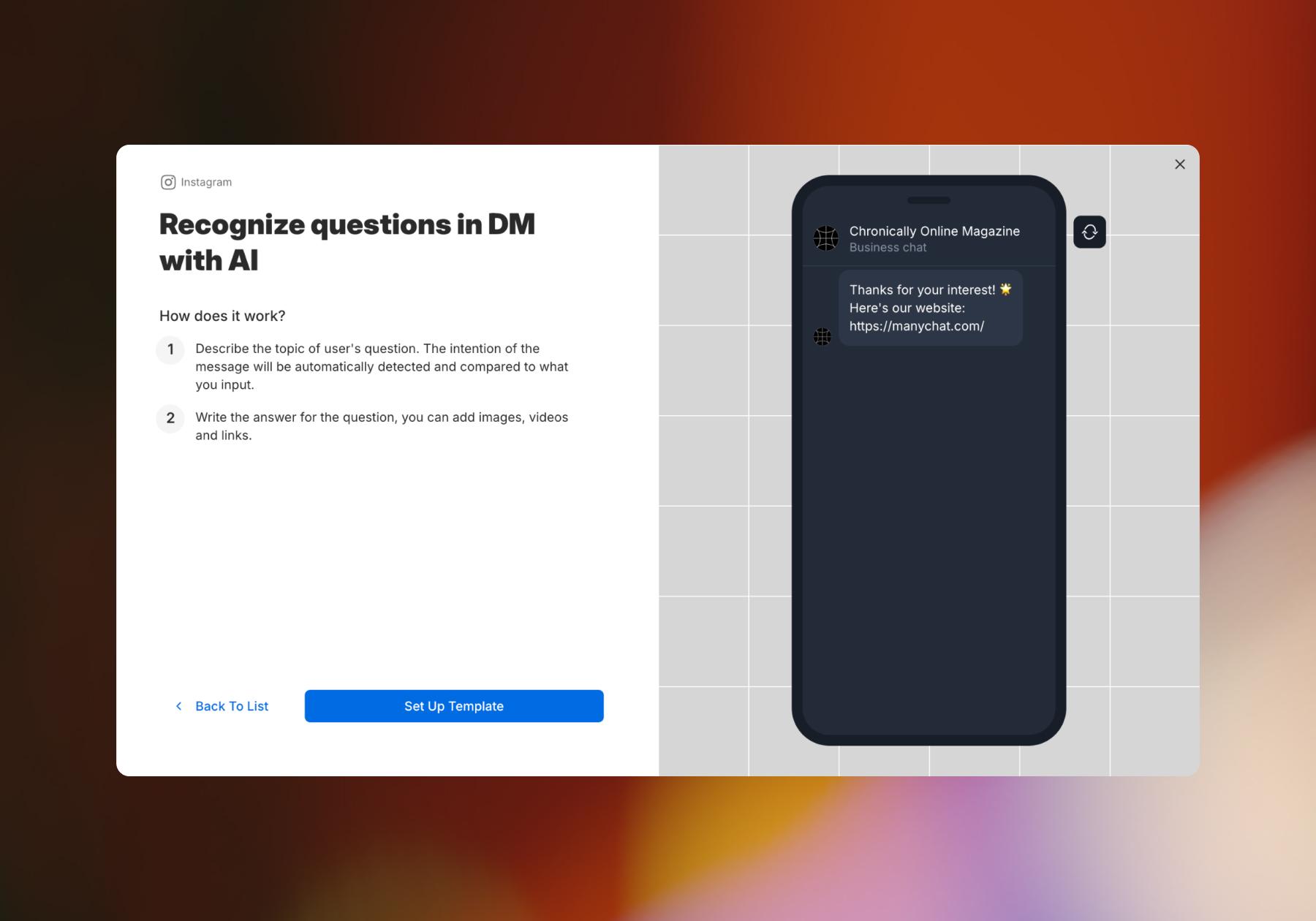 Screenshot of intent recognition features offered by Manychat
