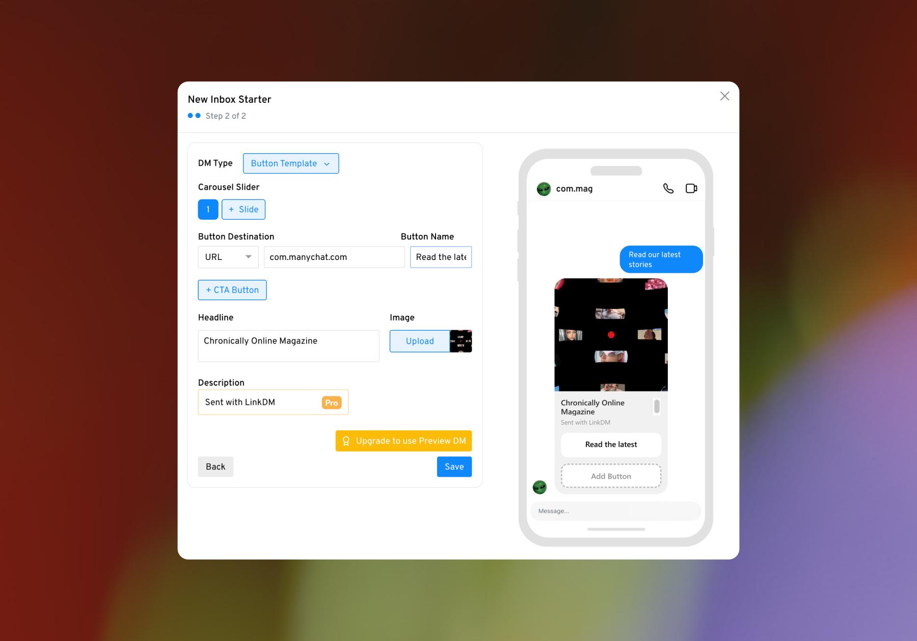 Screenshot of LinkDM options for New Inbox Starter