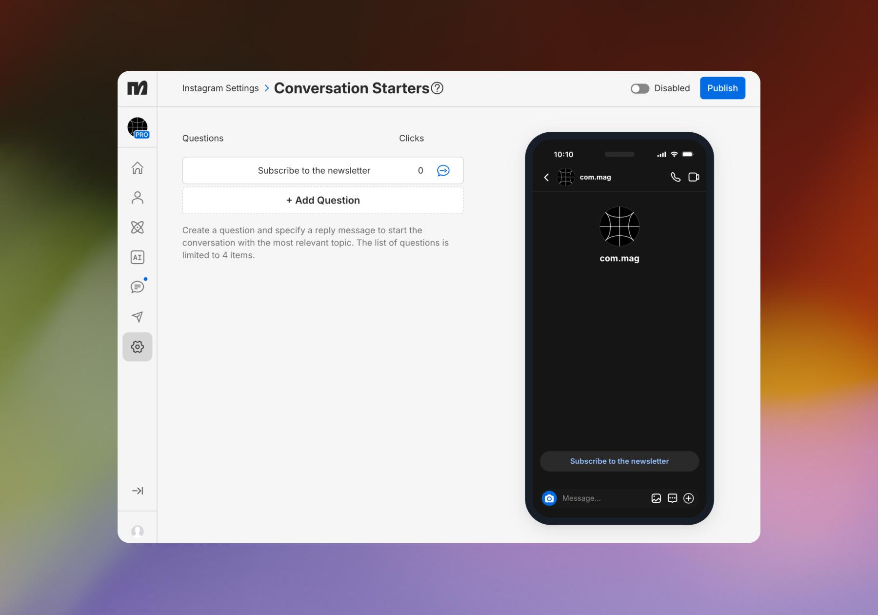 Screenshot of Manychat Conversation Starters options