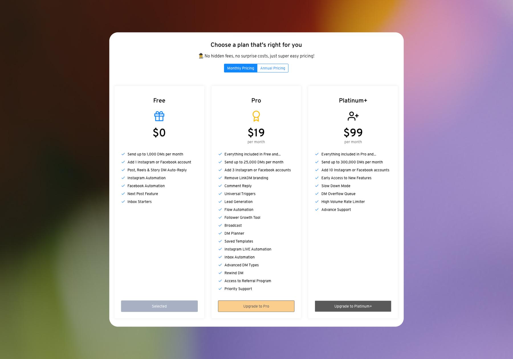 Screenshot of LinkDM plan options
