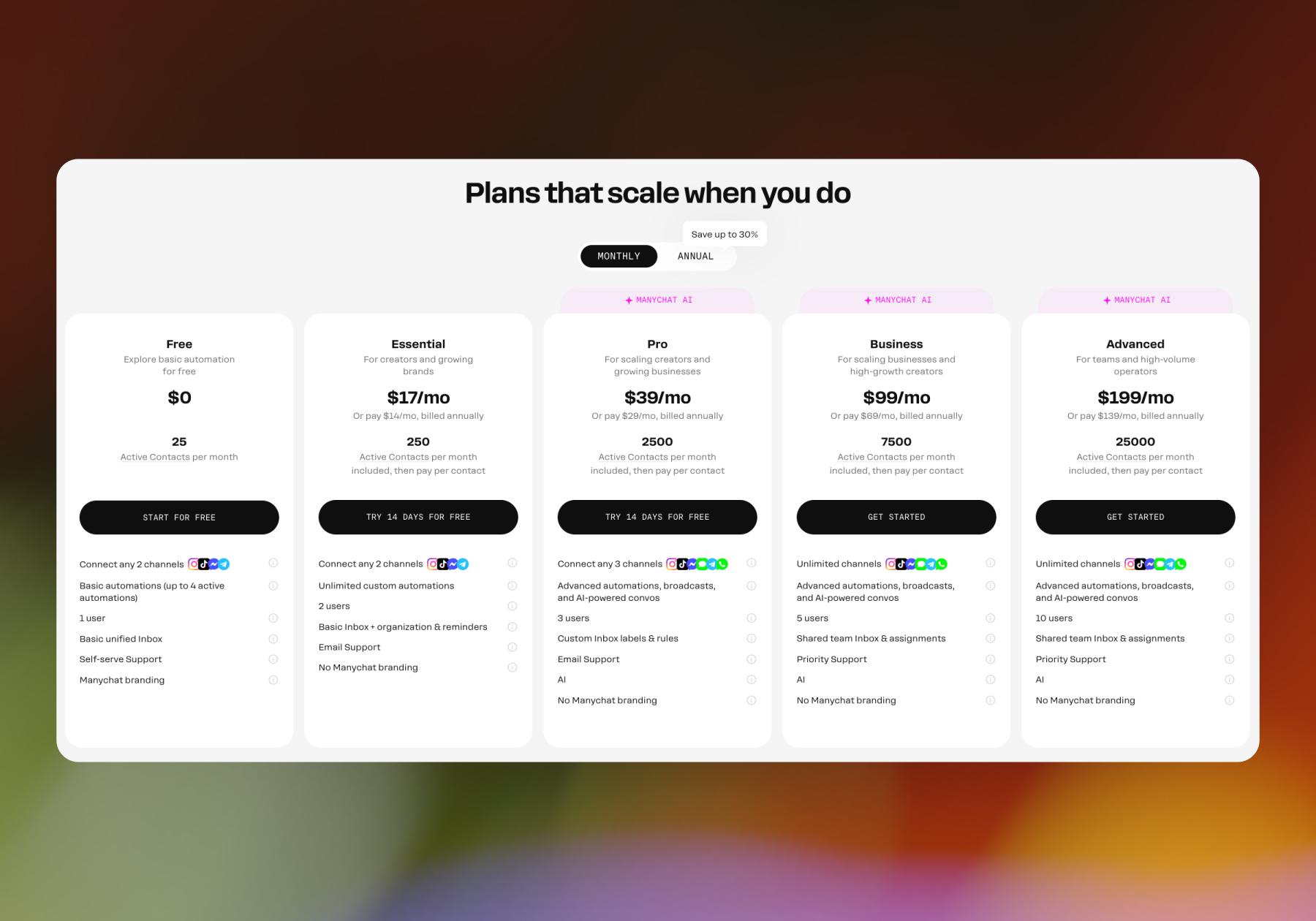 Screenshot of Manychat plan options