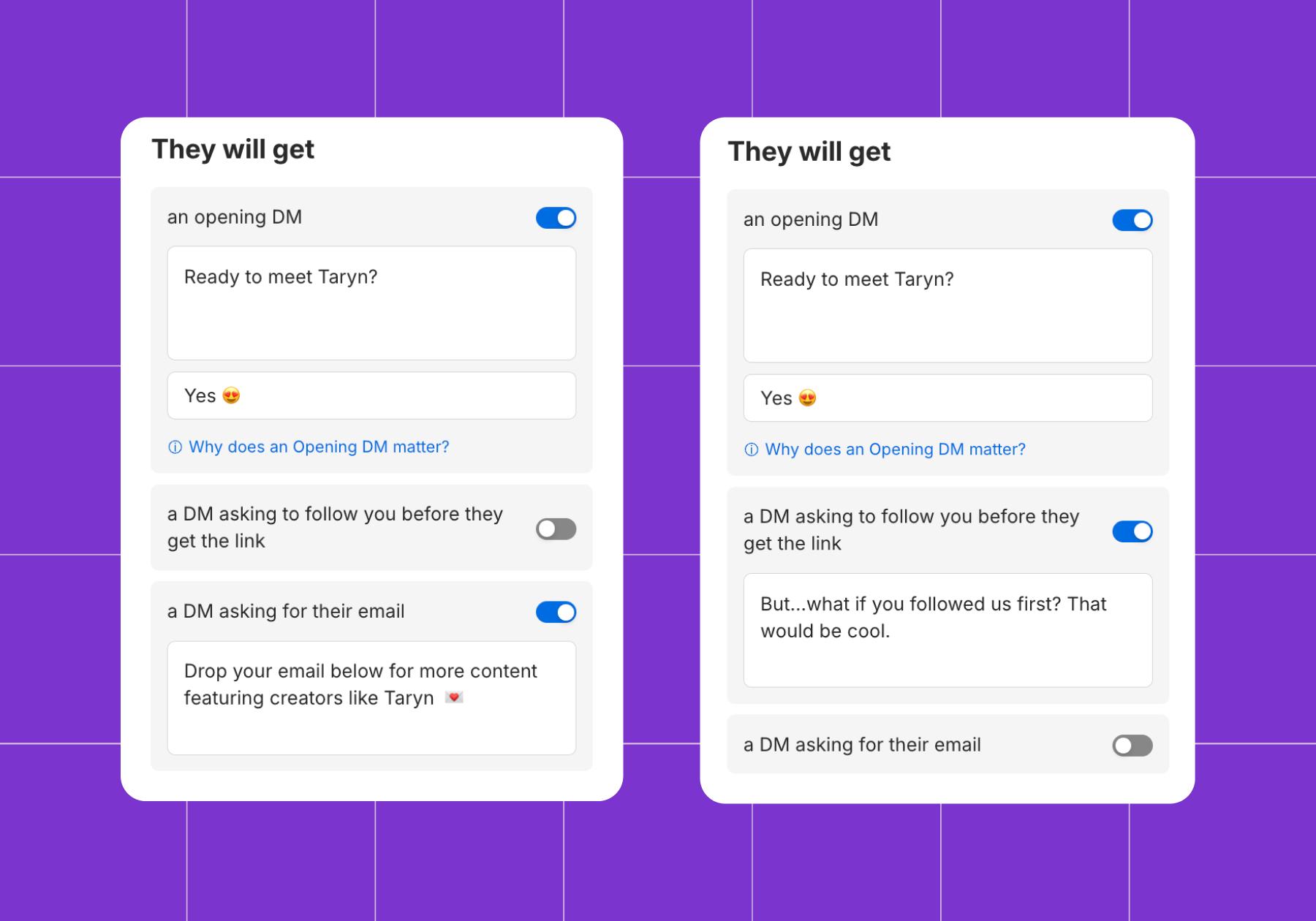 Screenshot of options in the Manychat Comment-to-DM Quick Automation