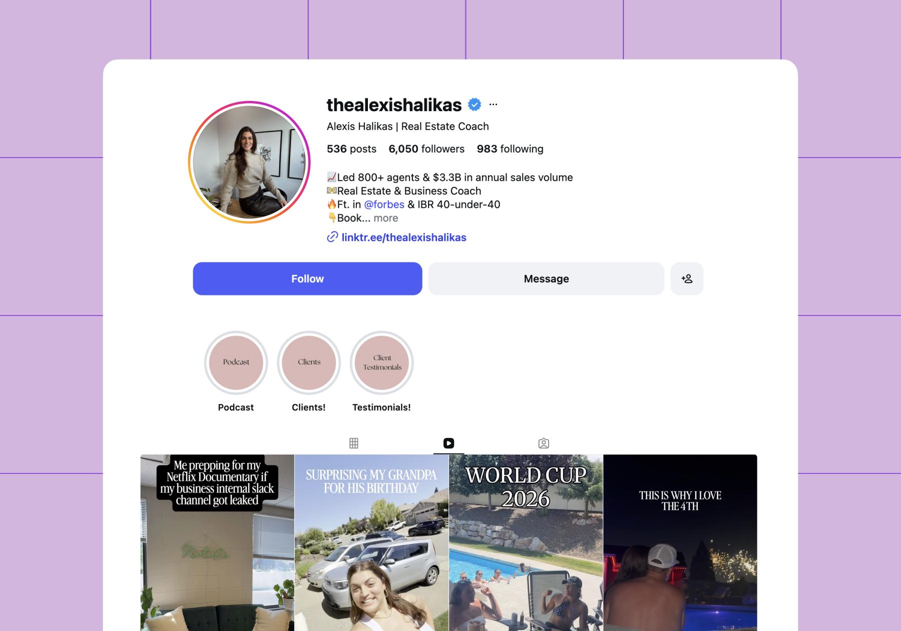 Screenshot of Alexis Halikas Instagram account; she's a Real Estate Coach