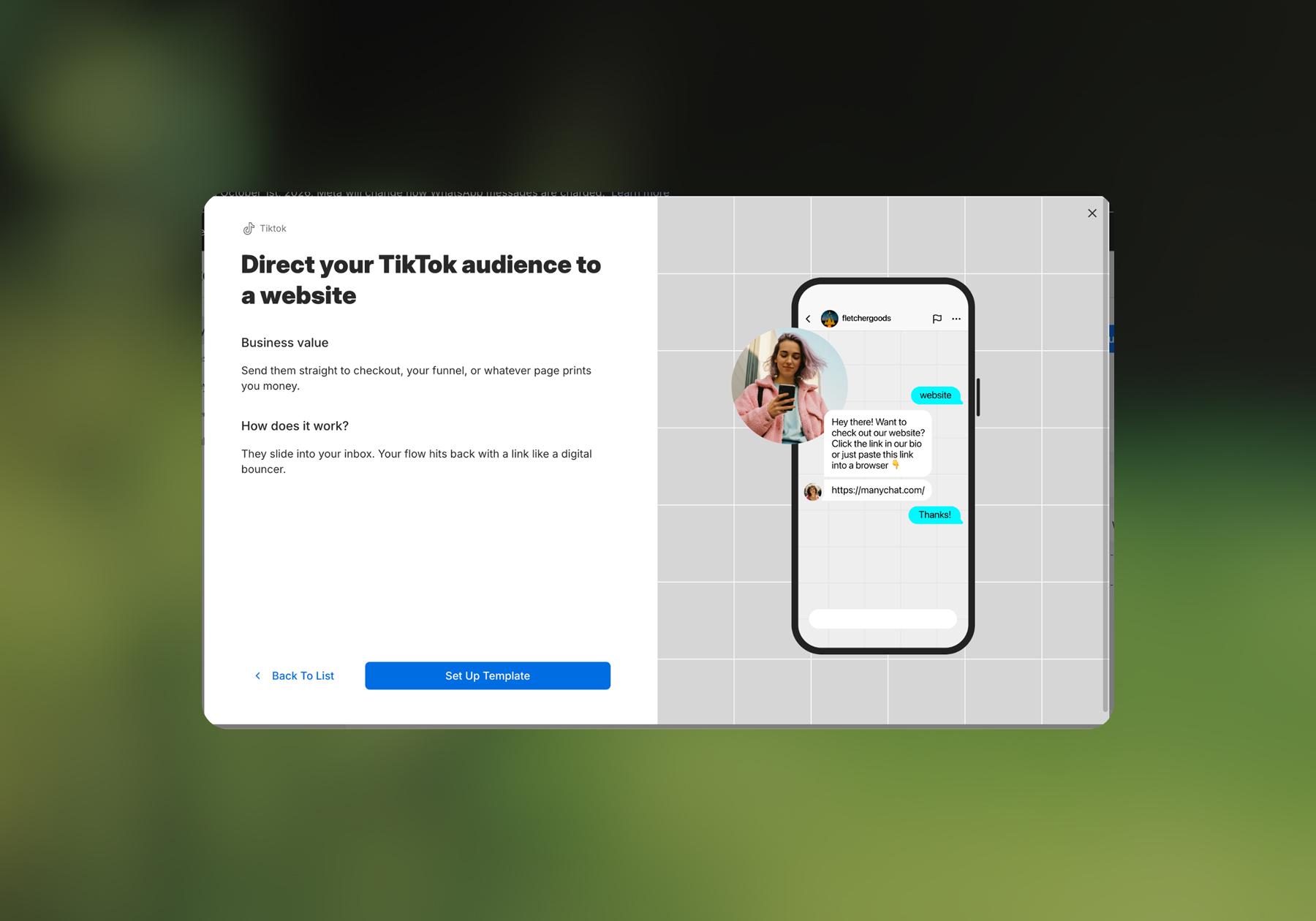 Screenshot of a Manychat template to direct your audience to a website