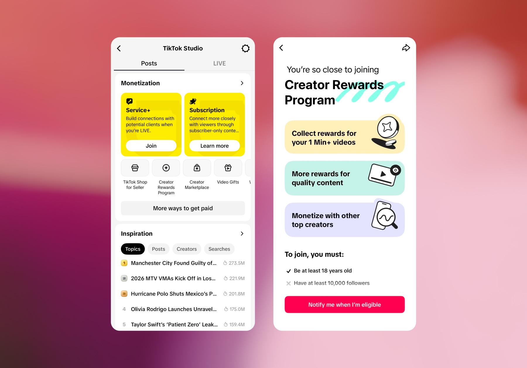 Screenshot of TikTok Studio and the message informing a creator when they're close to joining the Creator Rewards Program 