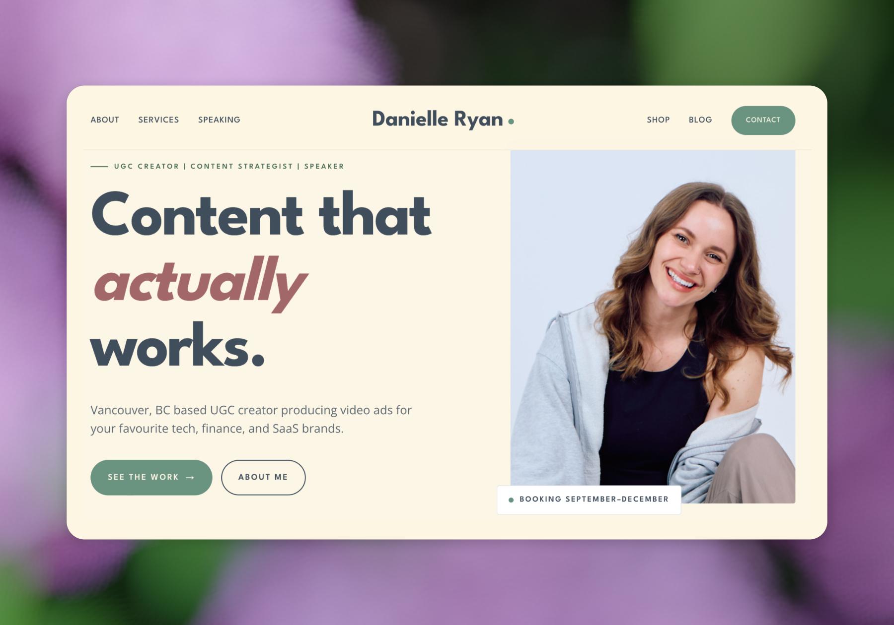Screenshot of Danielle's portfolio website 