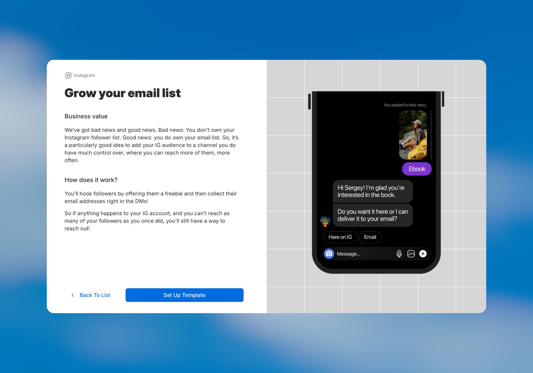 Screenshot of how you can grow your email list with Manychat