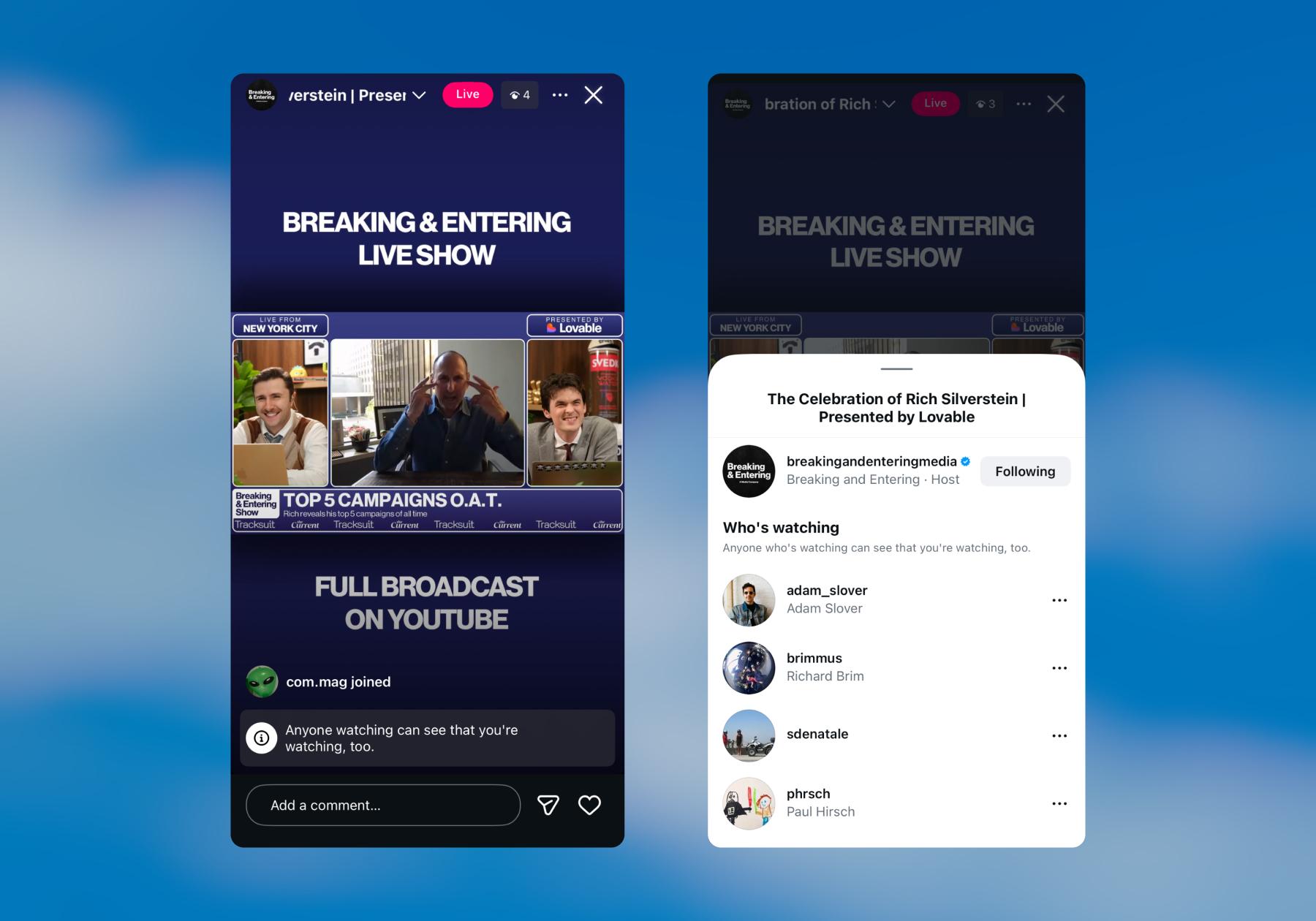 Screenshots of Instagram Live