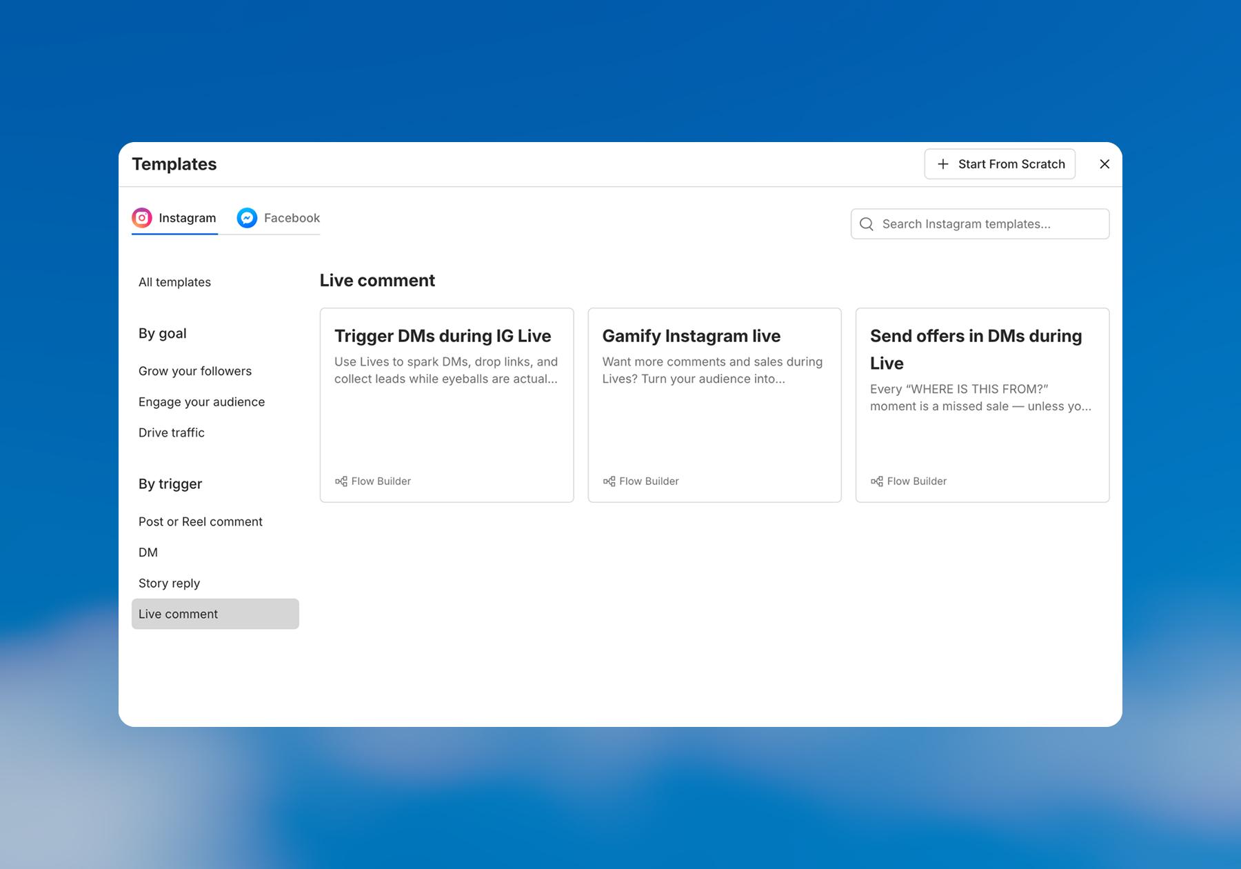 Screenshot of Manychat template options