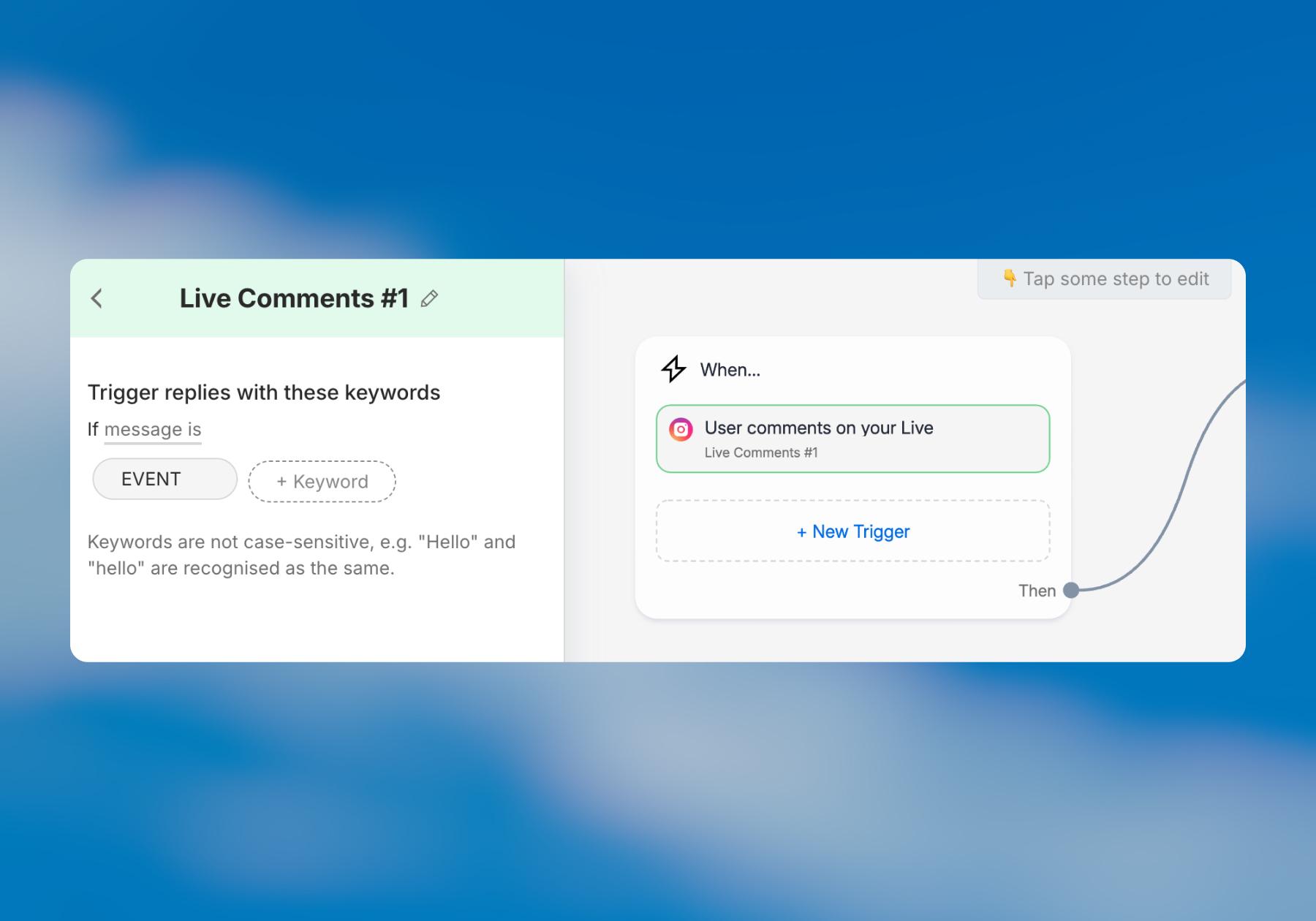 Screenshot of a Manychat flow to add automated comments during an Instagram Live
