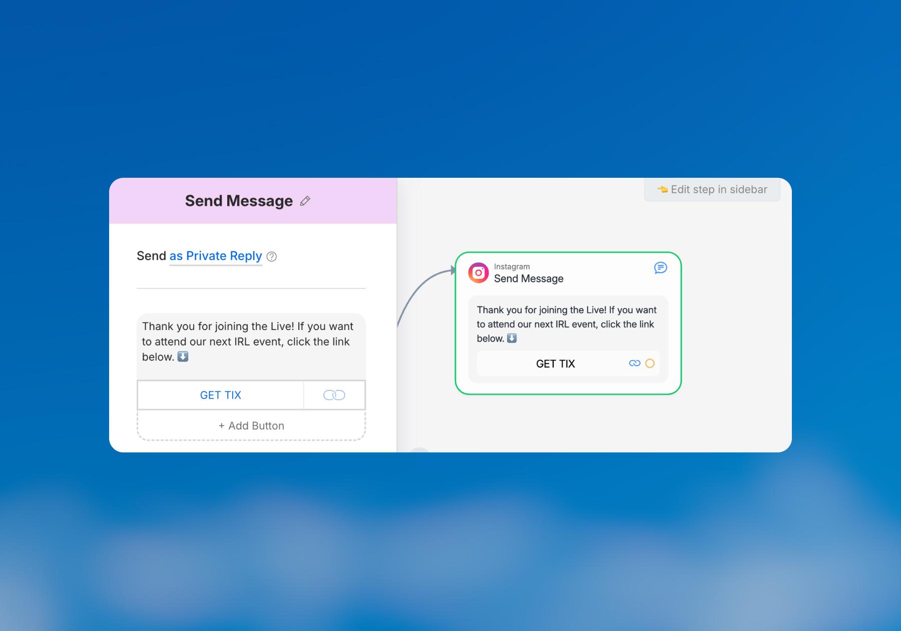 Screenshot of a Manychat flow with a custom DM
