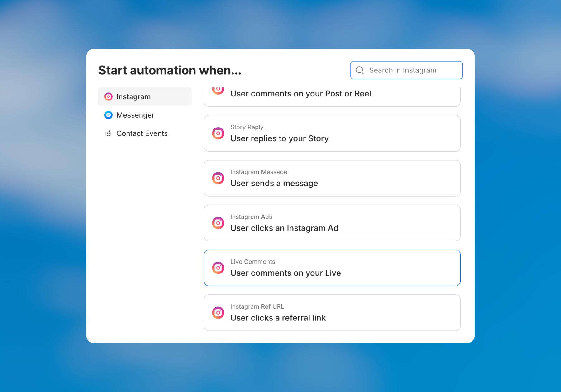 Screenshot of a Manychat automation for Live comments