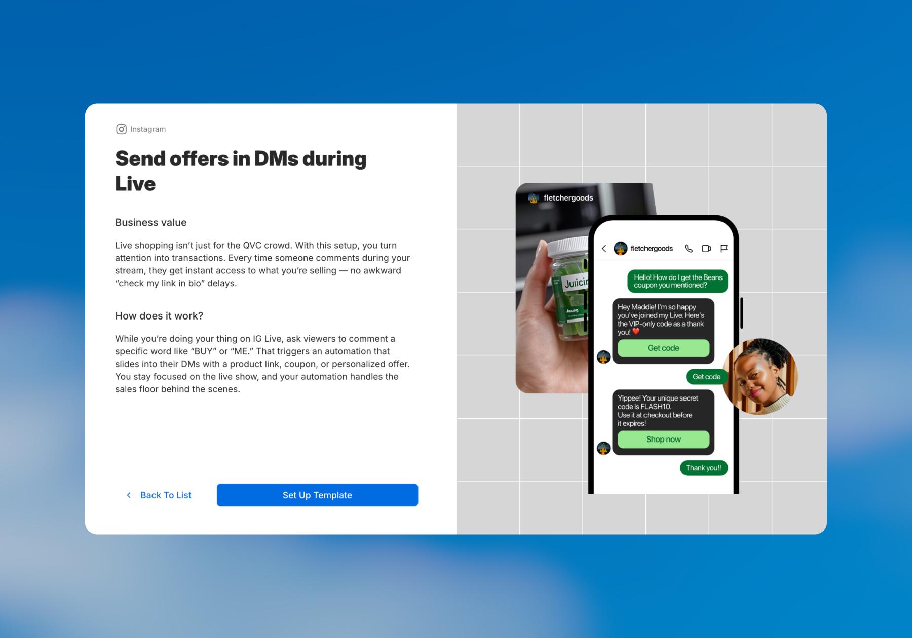 Screenshot of an overview of how Manychat's "Send offers in DMs during Live" works, plus its business value