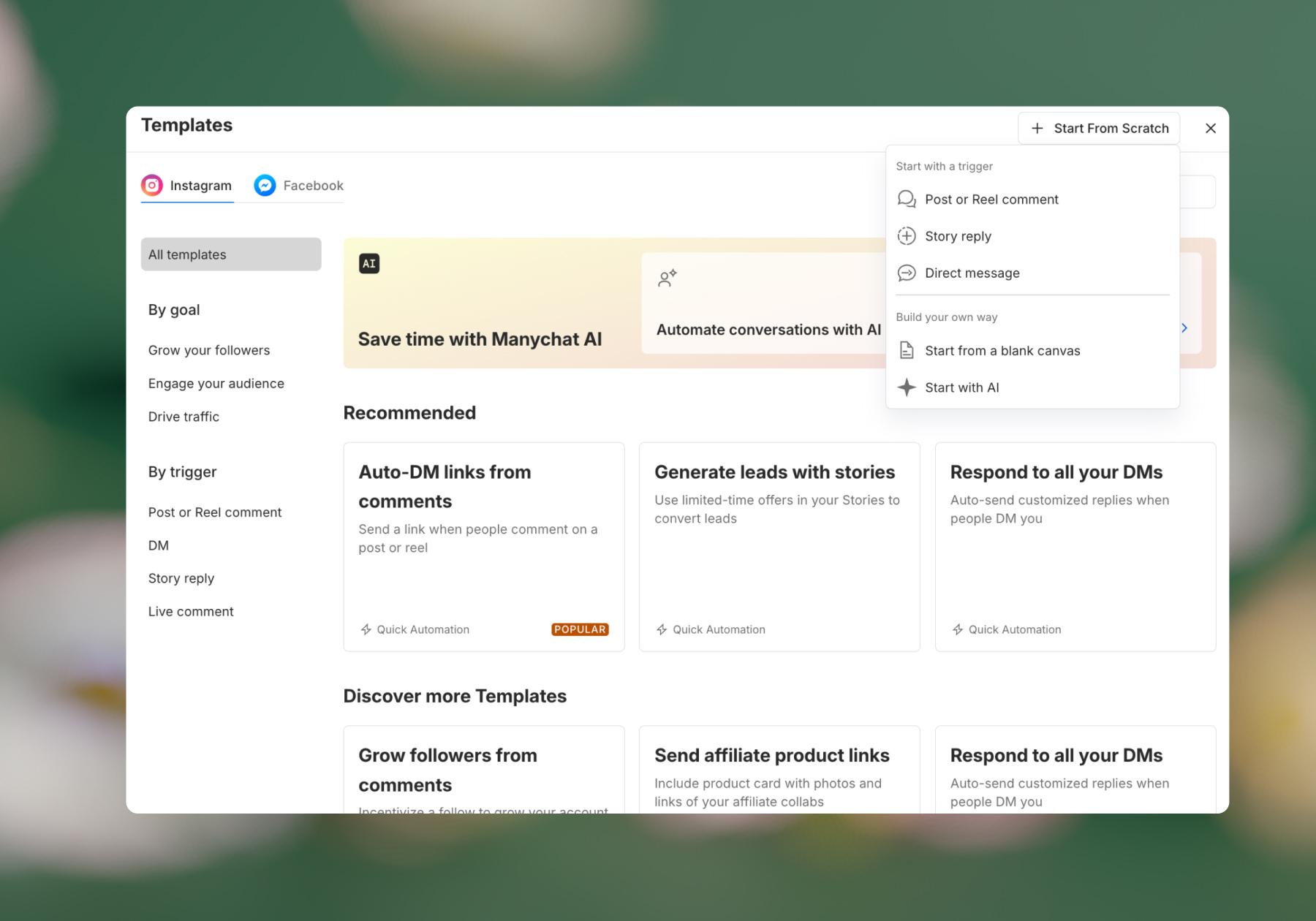 Screenshot of the Manychat Flow Builder options 