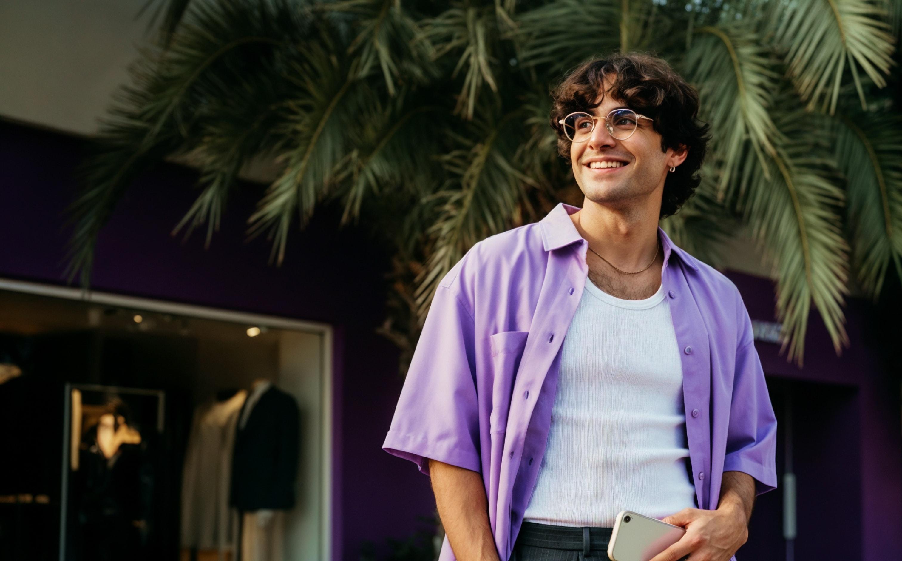 A man in a purple tshirt