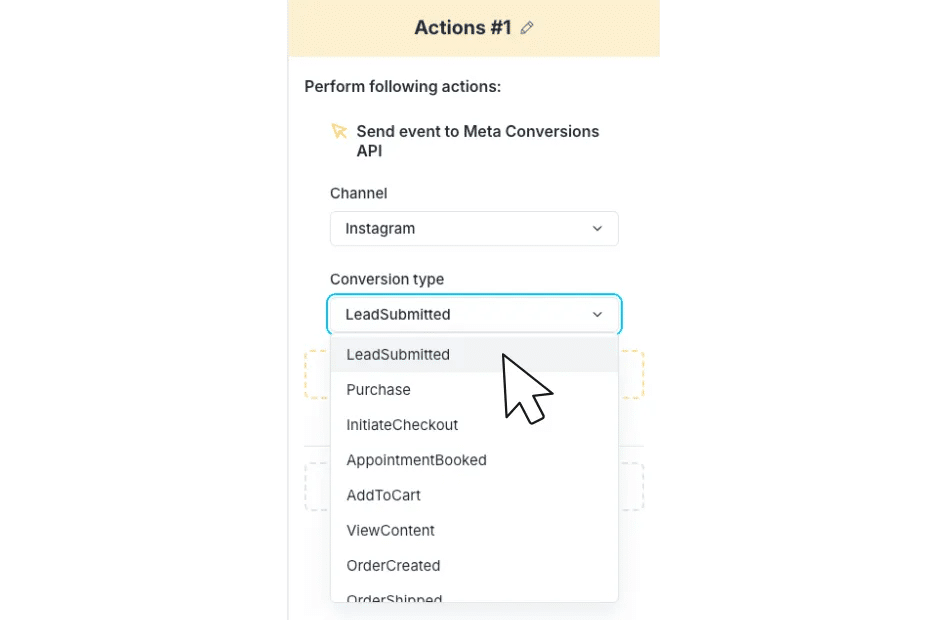 Screenshot of Actions #1 page asking if you want to Perform following actions: Send event to Meta Conversions API. Channel selected from the drop first down menu is "Instagram". The second drop down menu, Conversion type, has LeadSubmitted highlighted